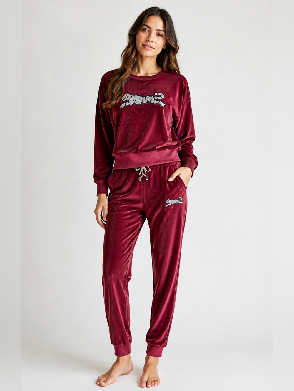 Le Tigre Velour Bling Tracksuit XL Top L Pants Maroon Red Rhinestones Tiger